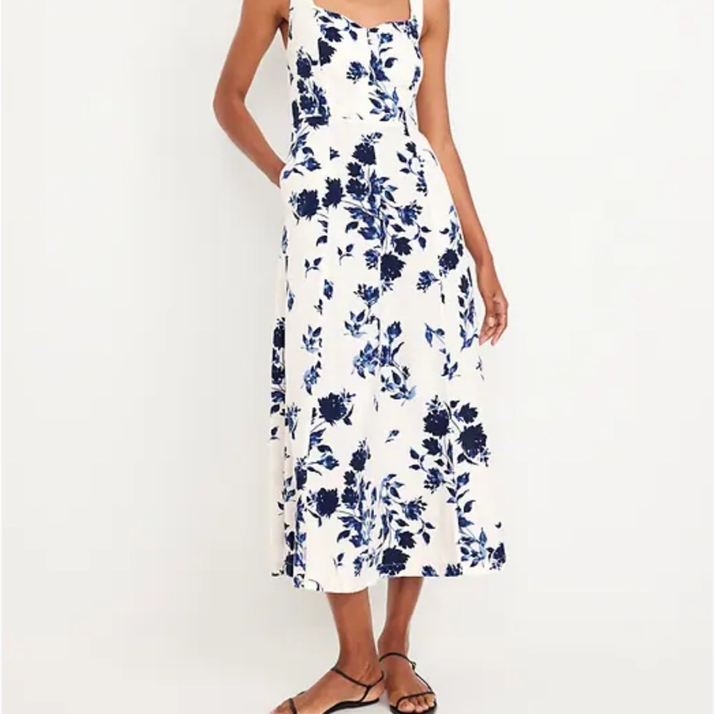Fit and Flare Floral Blue and White Midi Linen Bled Dress w/ pockets